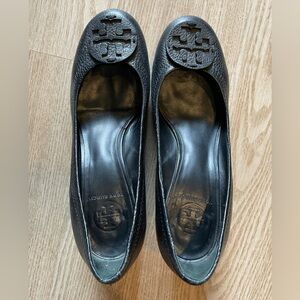 Tory Burch Black Pebbled Leather Logo Wedges